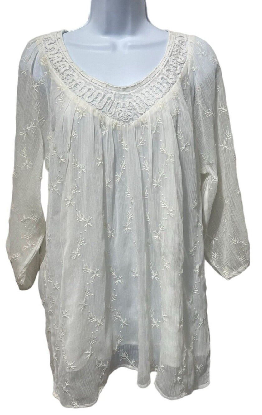Soft Surroundings Tunic Women Medium Ivory Embroidered Feminine Boho Sheer Lined